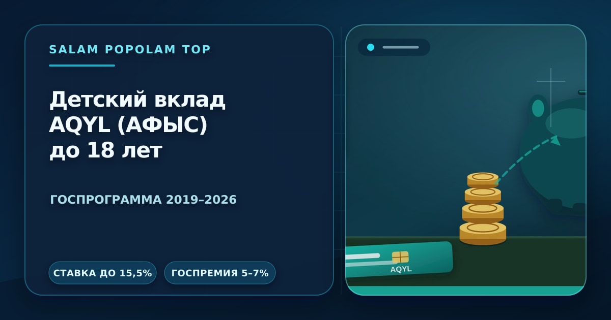 Редакционная иллюстрация: детский накопительный вклад AQYL — растущая стопка монет, детская игрушка-копилка и банковская карта на светлом столе, без людей