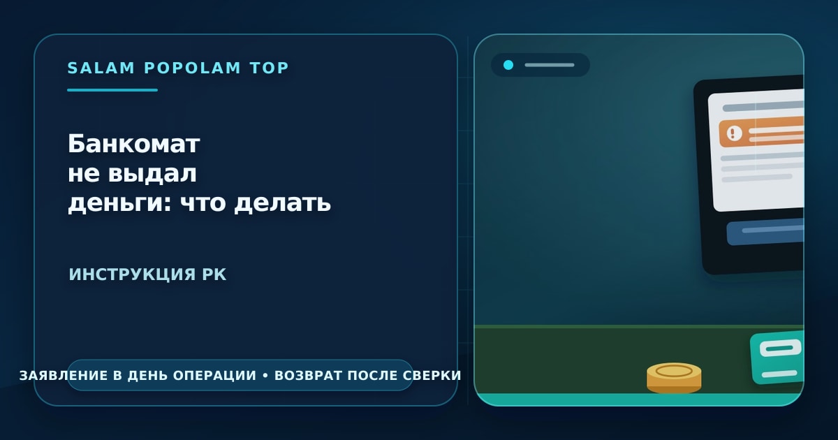Редакционная иллюстрация: банкомат не выдал деньги — экран с ошибкой, чек операции и телефон с обращением в банк, без людей