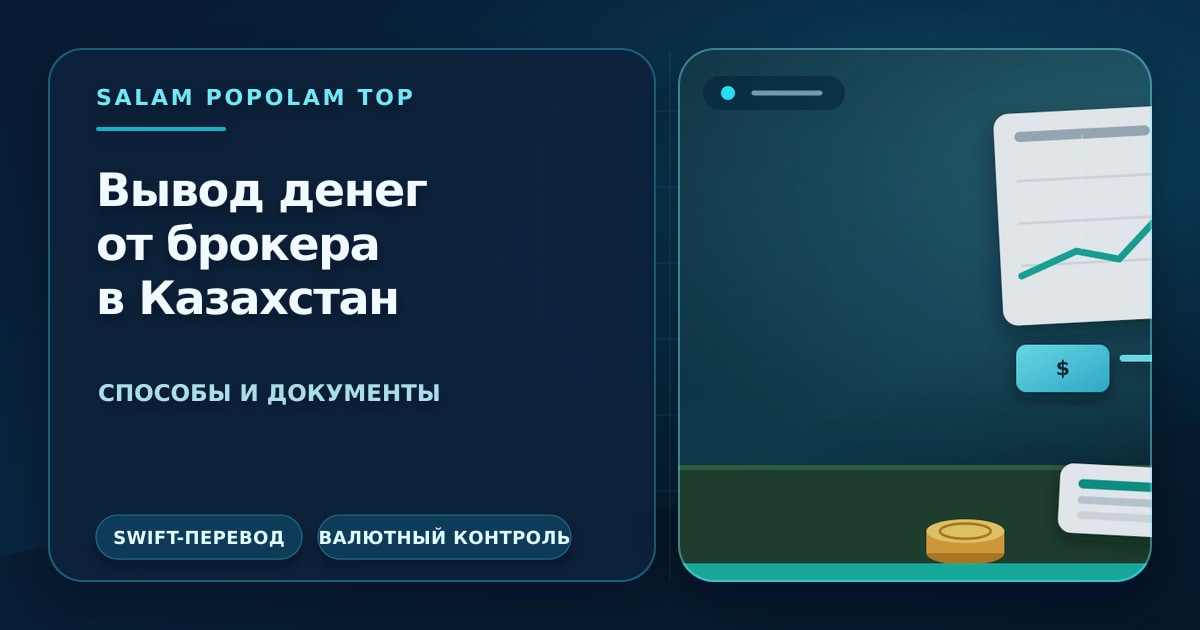 Редакционная иллюстрация: вывод денег от зарубежного брокера — график инвестиций, конвертация валюты и счёт казахстанского банка, без людей