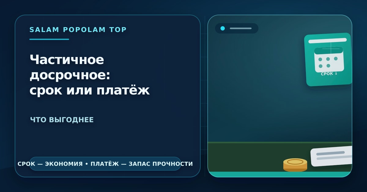 Редакционная иллюстрация: частичное досрочное погашение кредита — калькулятор с двумя вариантами, сокращённый график платежей и стрелка выбора, без людей