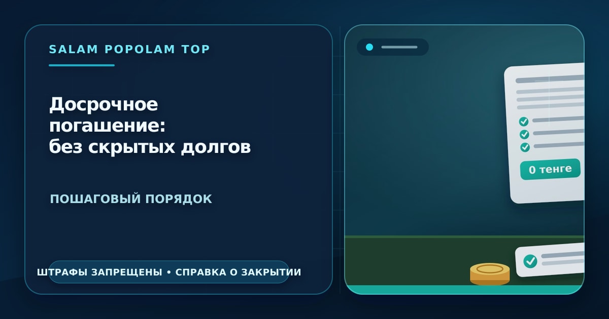 Редакционная иллюстрация: досрочное погашение кредита — закрытый договор с отметкой, калькулятор с перерасчётом процентов и справка о полном погашении, без людей