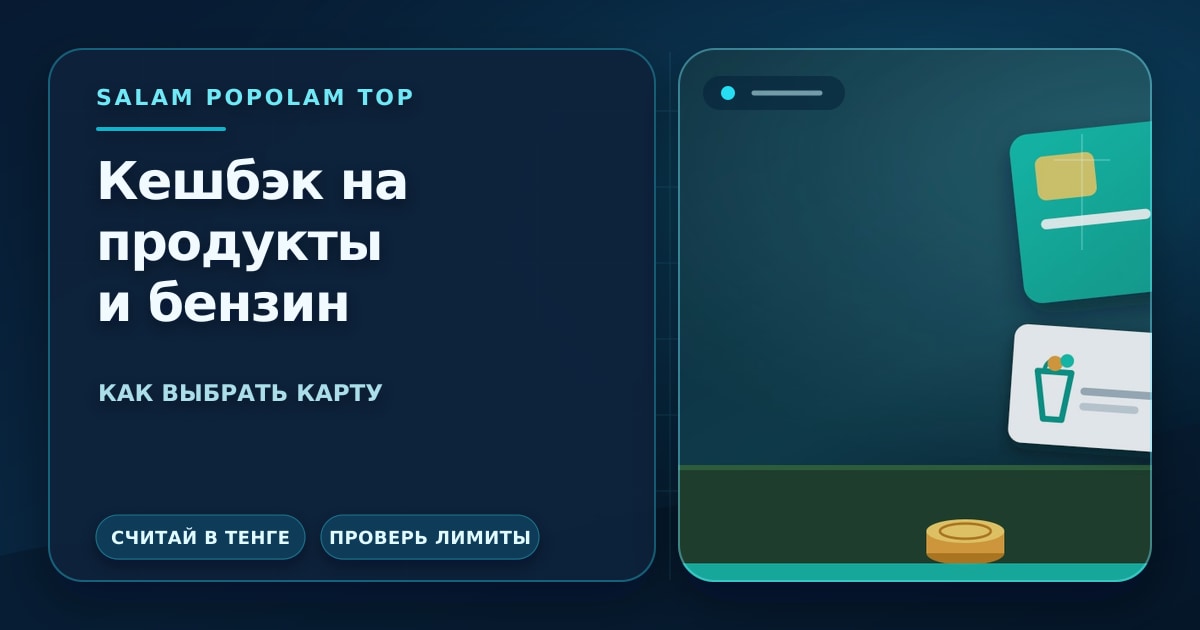 Редакционная иллюстрация: дебетовая карта с кешбэком на продукты и бензин — карта, корзина продуктов, заправочный пистолет и монеты кешбэка, без людей