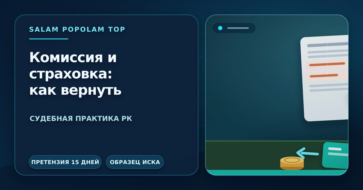 Редакционная иллюстрация: возврат комиссии и страховки по кредиту — договор с выделенными платежами, возврат денег на карту и весы правосудия