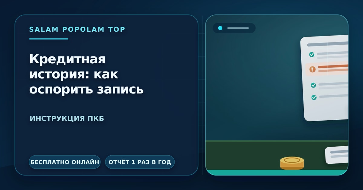 Редакционная иллюстрация: оспаривание записи в кредитной истории — кредитный отчёт с выделенной ошибкой, заявление на исправление и проверка документа, без людей