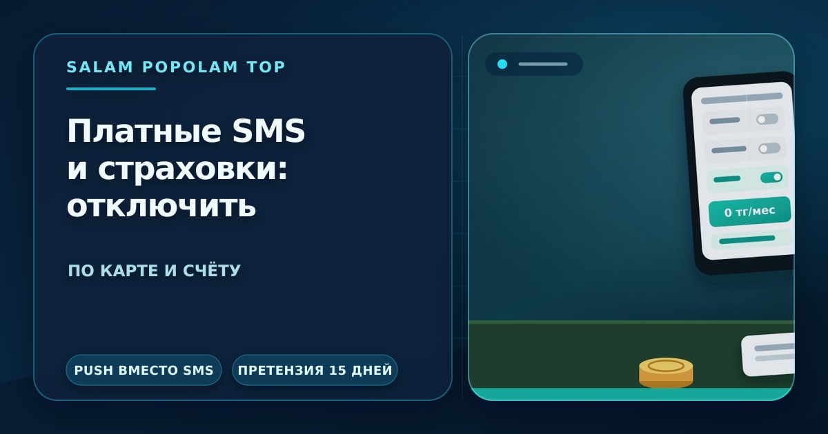 Редакционная иллюстрация: отключение платных услуг по карте — телефон с приложением банка, выключенный переключатель SMS и заявление об отказе от страховки