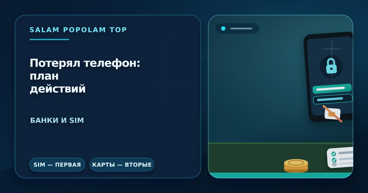 Редакционная иллюстрация: потеря телефона с банковскими приложениями — смартфон на фоне города, замок на экране блокировки карт и SIM-чип, без людей