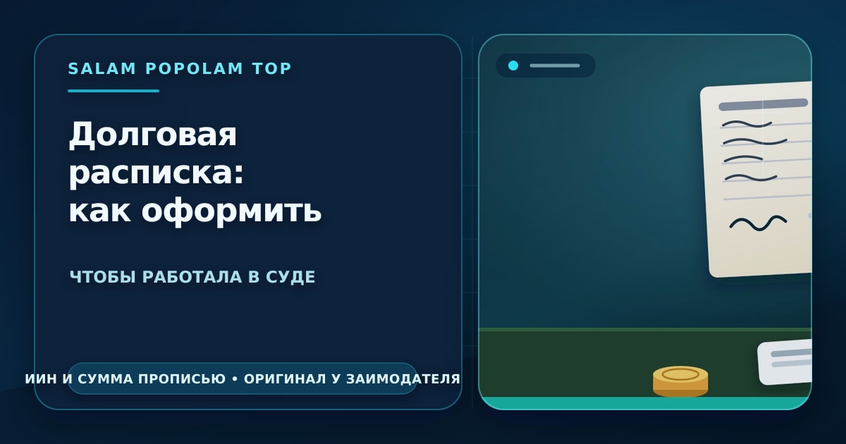 Редакционная иллюстрация: долговая расписка между физлицами — рукописная расписка с подписью, передача денег и весы правосудия, без людей