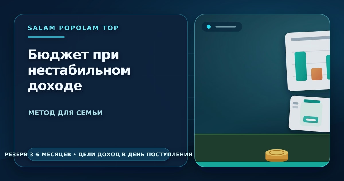 Редакционная иллюстрация: семейный бюджет при нестабильном доходе — таблица расходов, копилка-резерв и график дохода с перепадами, без людей