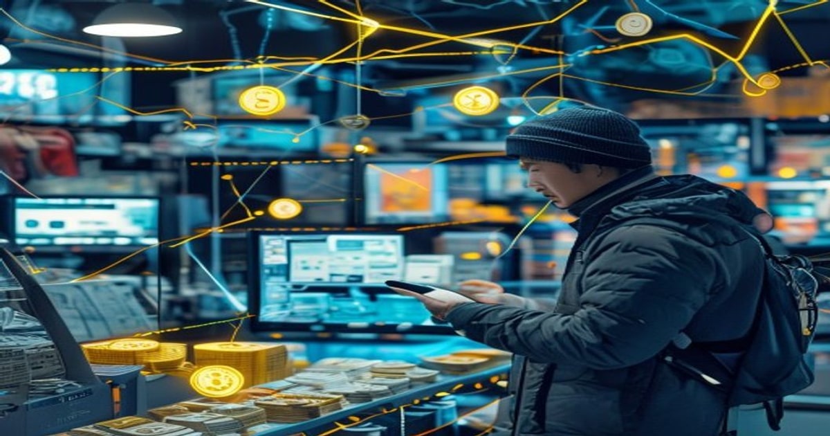 Иллюстрация: покупатель в магазине техники сканирует QR для рассрочки через казахстанское банковское приложение за границей